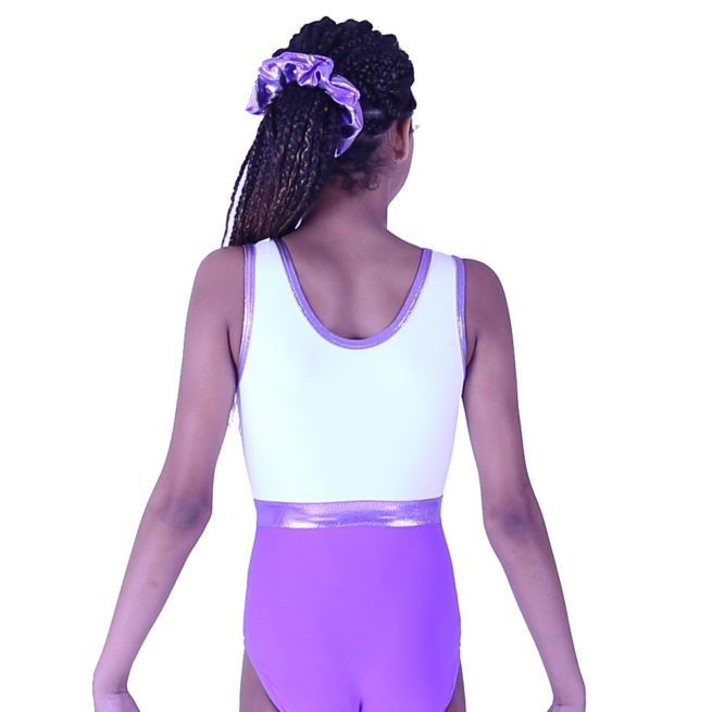 purple girls training leotard with printed design back