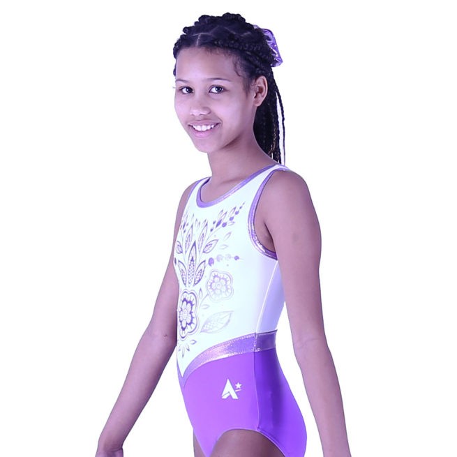 purple girls training leotard with printed design side