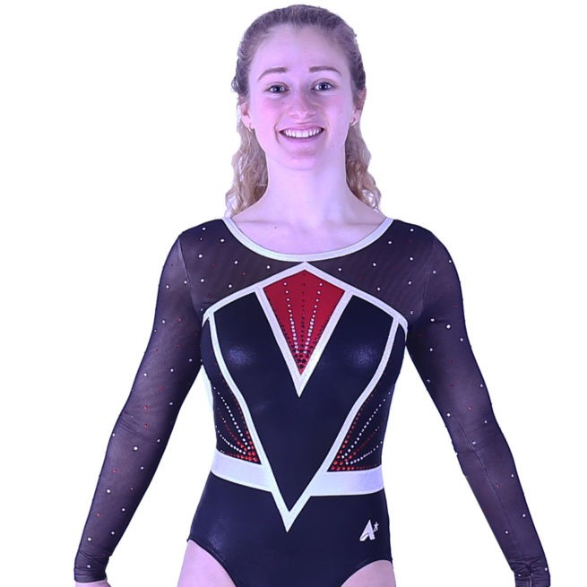 sleeved girls competition leotard black and red with net and diamante front