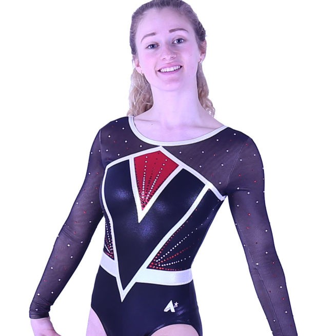 sleeved girls competition leotard black and red with net and diamante side 1