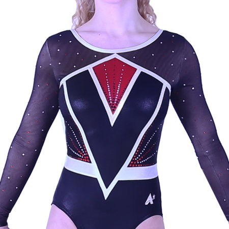 sleeved girls competition leotard black and red with net and diamantemain