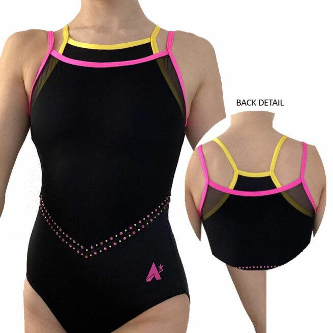 black lycra double layer leotard with diamanate main back detail