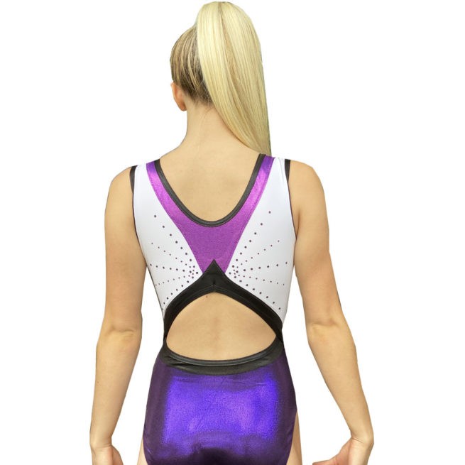 sleeveless girls training gymnastics leotard in white and purple with diamante back