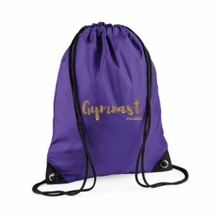 personalised gymnastics drawstring bag gold print
