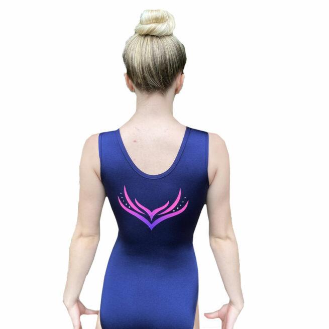 navy lycra sports leotard with pink ombre print diamante back