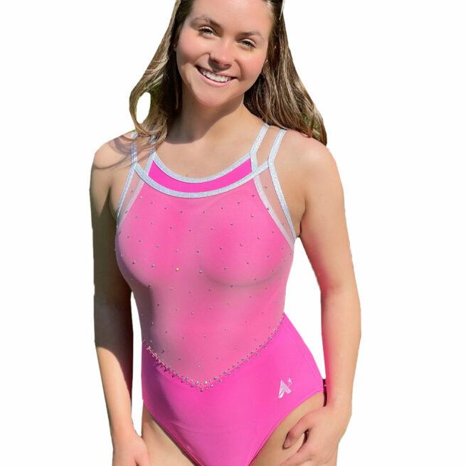 pink layered training leotard with diamante front