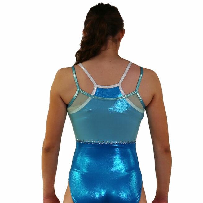 z640 azure blue turquoise shimmer mesh open back gymnastics leotard