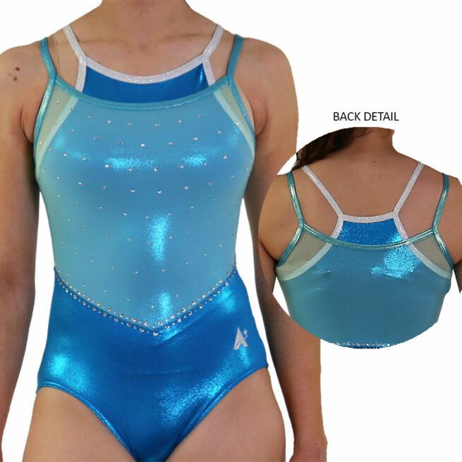 z640 azure blue turquoise shimmer mesh open back gymnastics leotard main back detail