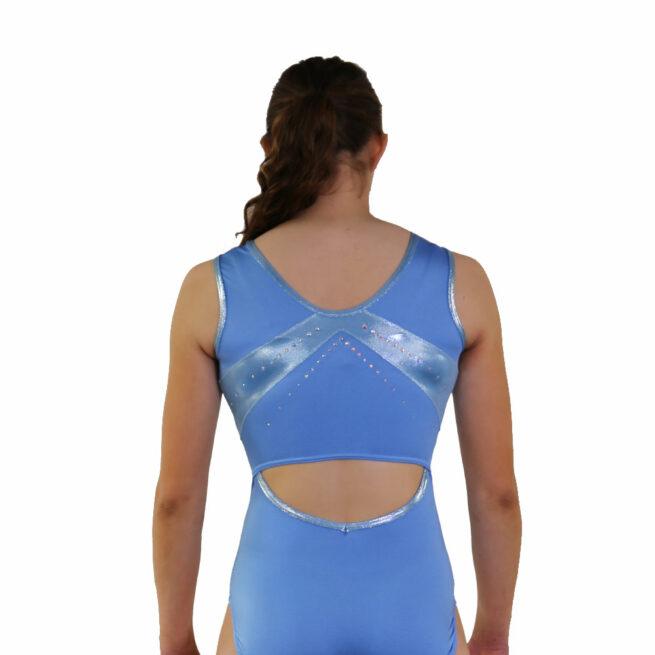 blue lycra gym leotard with net sides and diamante back