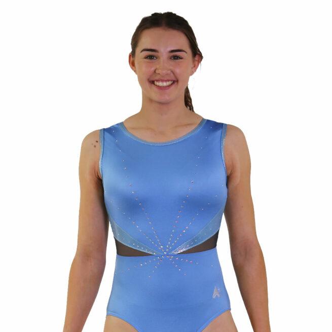 blue lycra gym leotard with net sides and diamante front