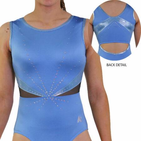 blue lycra gym leotard with net sides and diamante main back detail