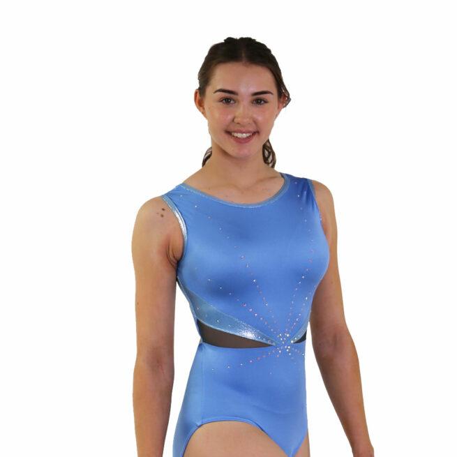 blue lycra gym leotard with net sides and diamante side
