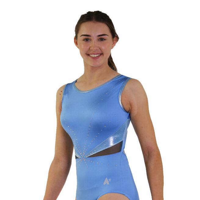 blue lycra gym leotard with net sides and diamante side1