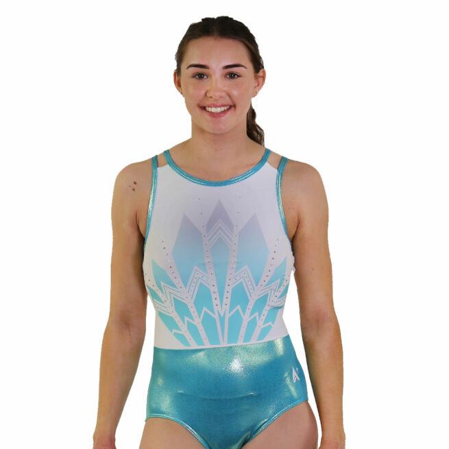 mermaid open back ombre print summer gym leotard blue and white front