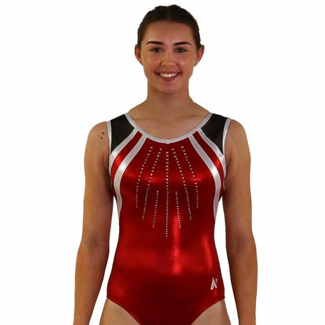 red shimmer leotard and diamante front