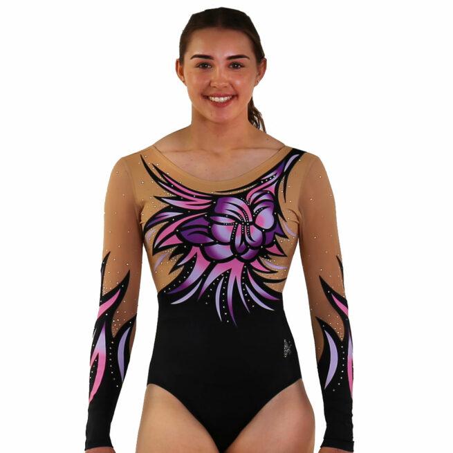 sleeved ombre printed competition leotard pink diamante front