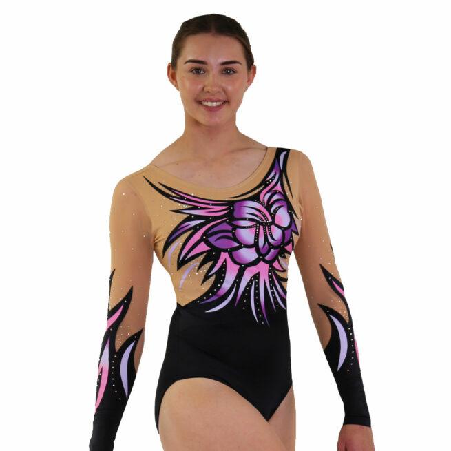 sleeved ombre printed competition leotard pink diamante side1