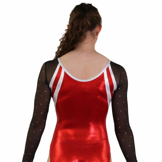 sleeved red shimmer leotard with mesh sleeves and diamante back