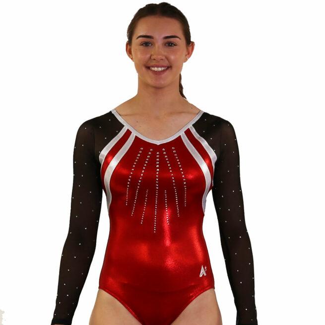 sleeved red shimmer leotard with mesh sleeves and diamante front