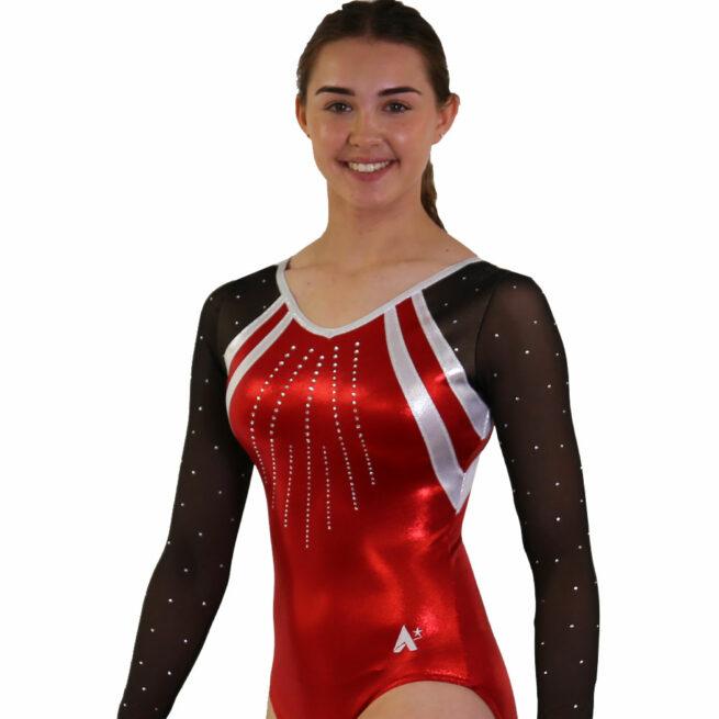 sleeved red shimmer leotard with mesh sleeves and diamante side