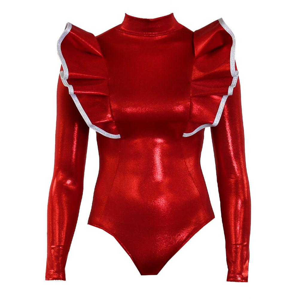 DIVAS - L/S Ruby Shimmer with High Neck and Frills - A Star Leotards