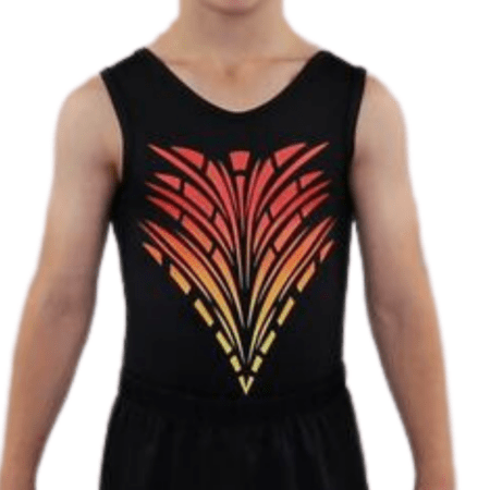 mens boys black leotard with ombre flame print yellow red (2)