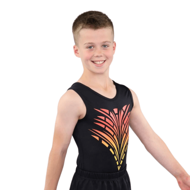 mens boys black leotard with ombre flame print yellow red (4)