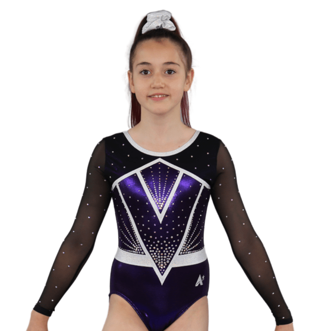 plum shimmer sleeved girls gymnastics competition leotard with diamante (1)