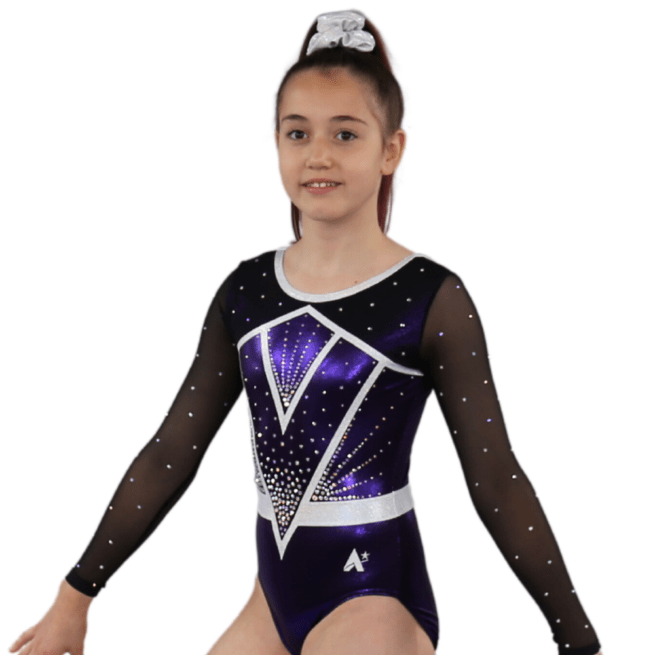 plum shimmer sleeved girls gymnastics competition leotard with diamante (3)