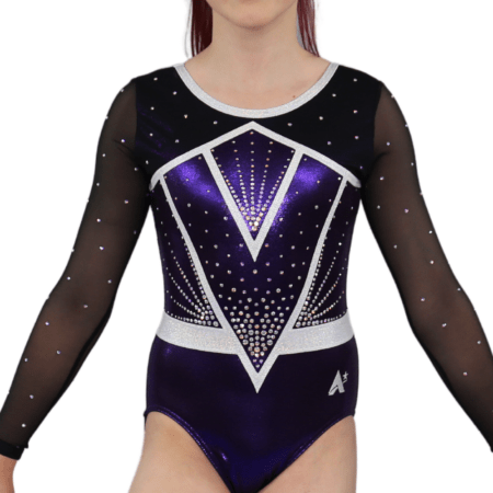 plum shimmer sleeved girls gymnastics competition leotard with diamante (5)