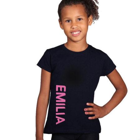 Black t shirt with pink printed name