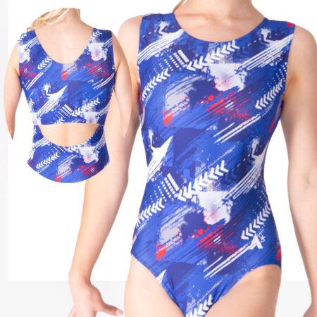 Girls patterned leotard for gymnastics in blue pattern open back leotard main