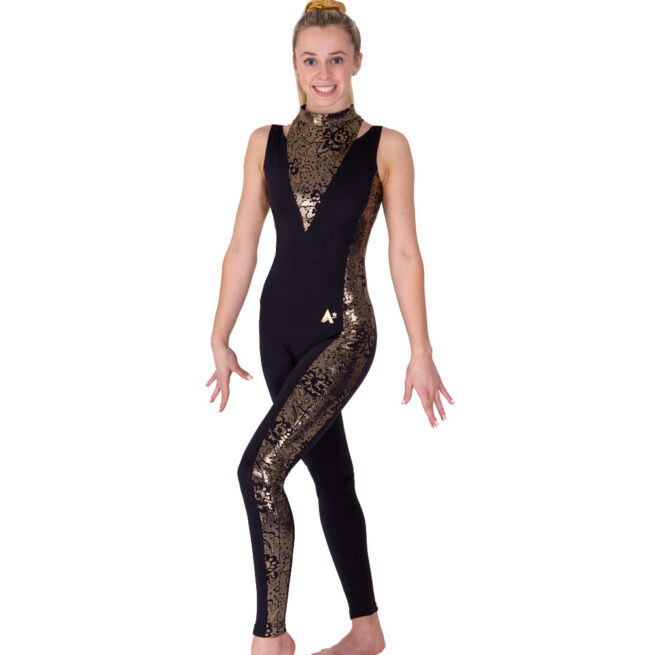 black and gold catsuit high neck front