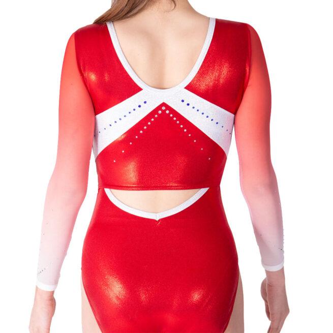 long sleeve gymnastics leotard in red and white open back back