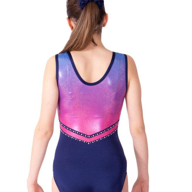 navy lycra girls gymnastics leotard with ombre pink and blue back