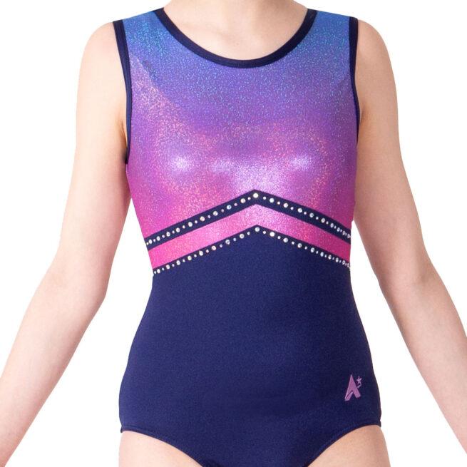 navy lycra girls gymnastics leotard with ombre pink and blue main
