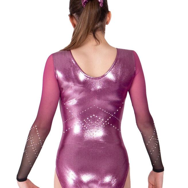 pink gymnastics long sleeve leotard with mesh sleeves back