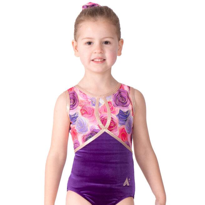 purple velour with flower fabric girls gymnastics leotard