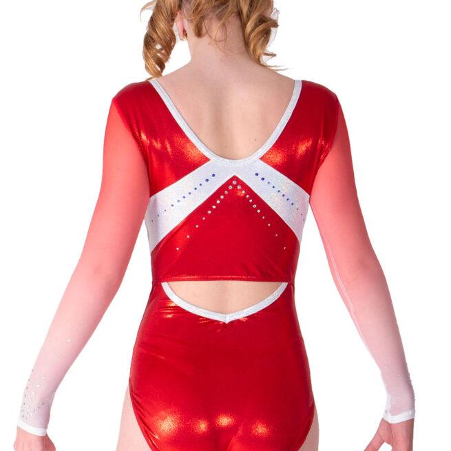red shimmer sleeved girls leotard with net mesh sleeves and diamante back