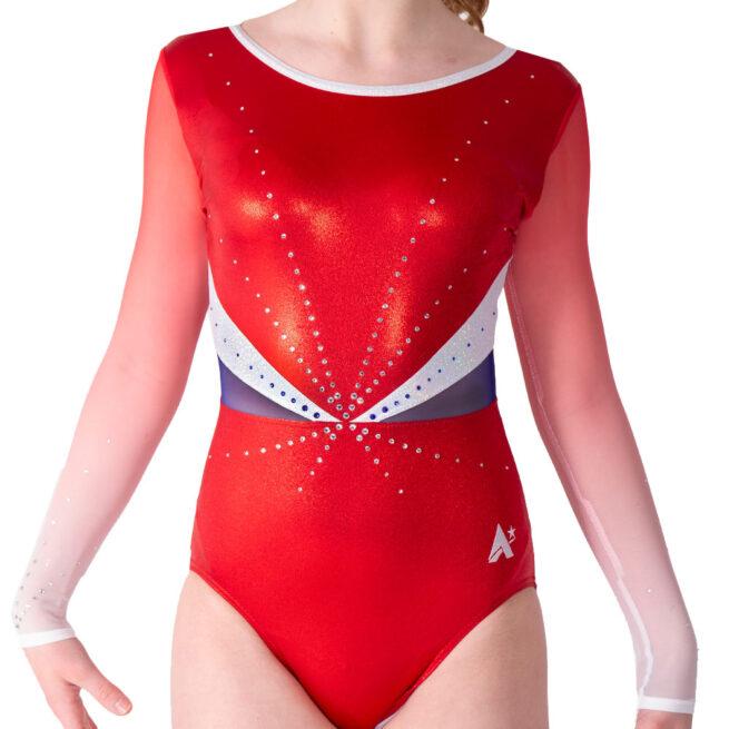 red shimmer sleeved girls leotard with net mesh sleeves and diamante main