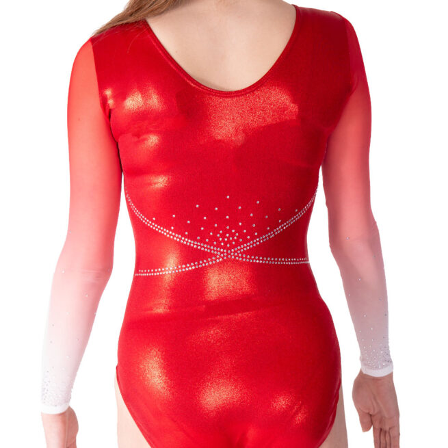 red shimmer sleeved leotard with mesh sleeves and diamante back