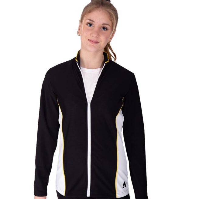 ts12 black white and yellow detail ladies tracksuit jacket front